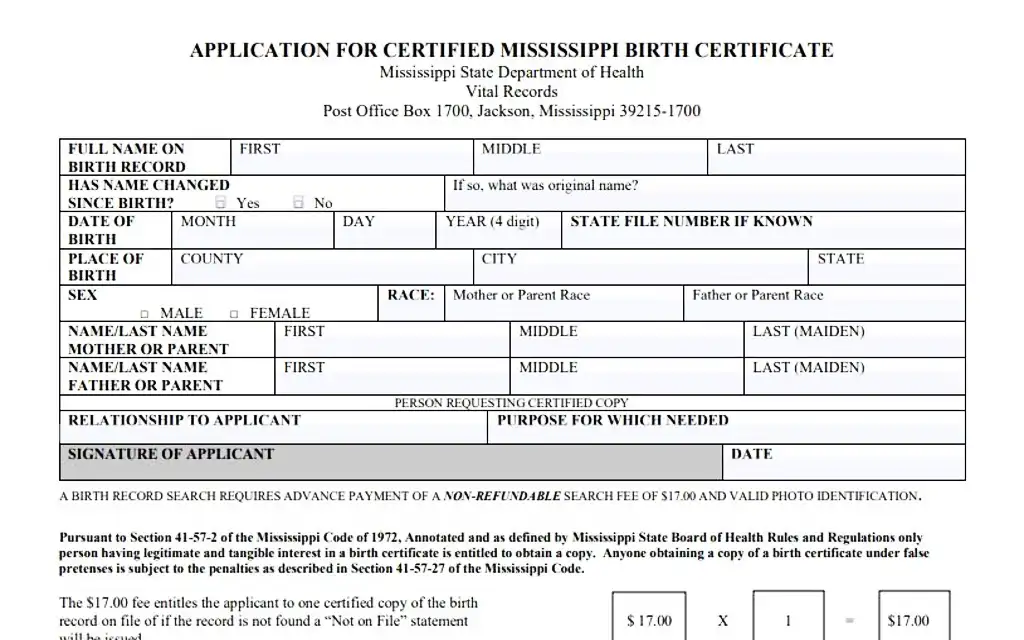 Mississippi State Department of Records birth certificate form during free vital records submission process.