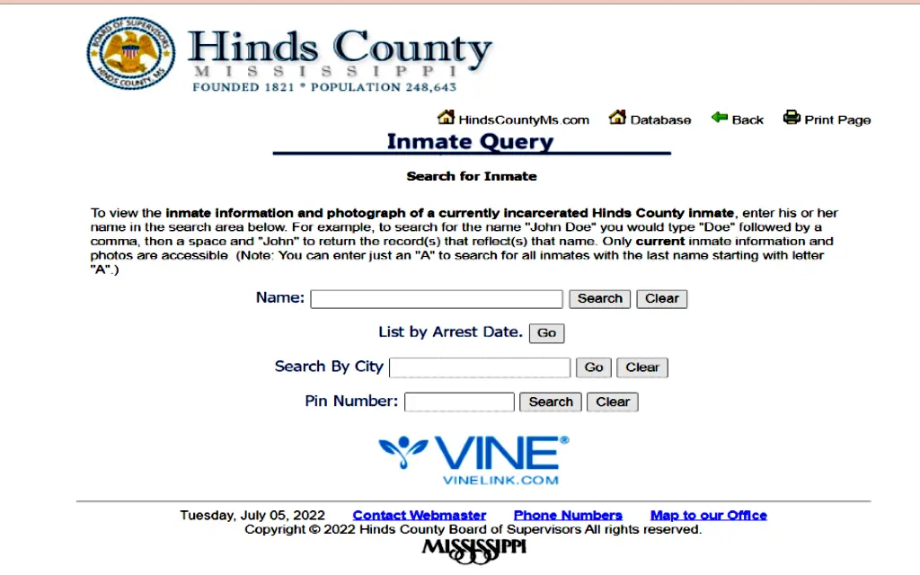 Hinds County Mississippi inmate search of criminal records in local database.