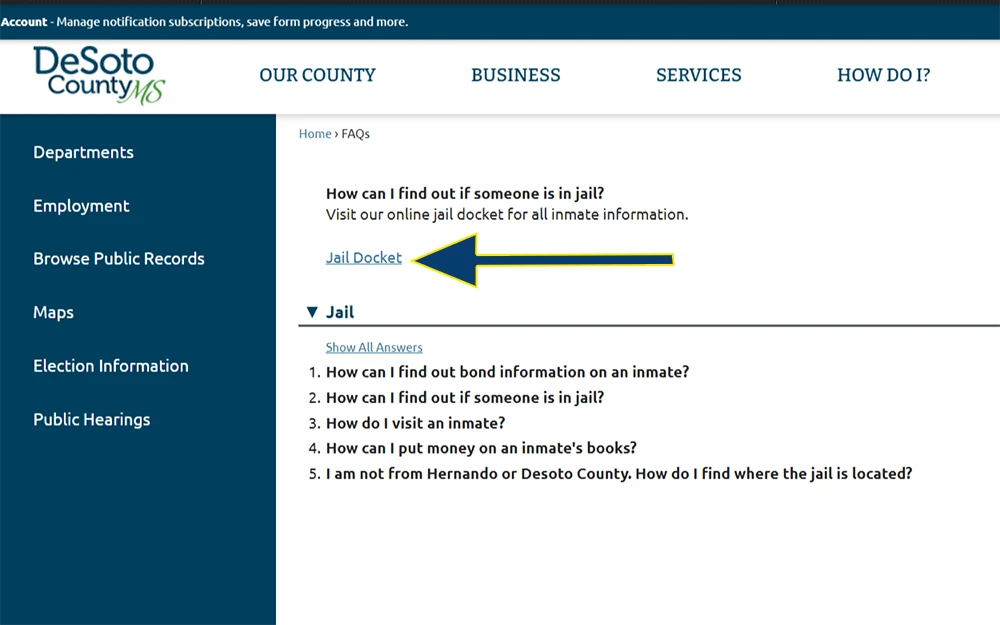 A screenshot from the official website of DeSoto County MS website showing the FAQs page and an arrow pointing to the Jail Docket link.