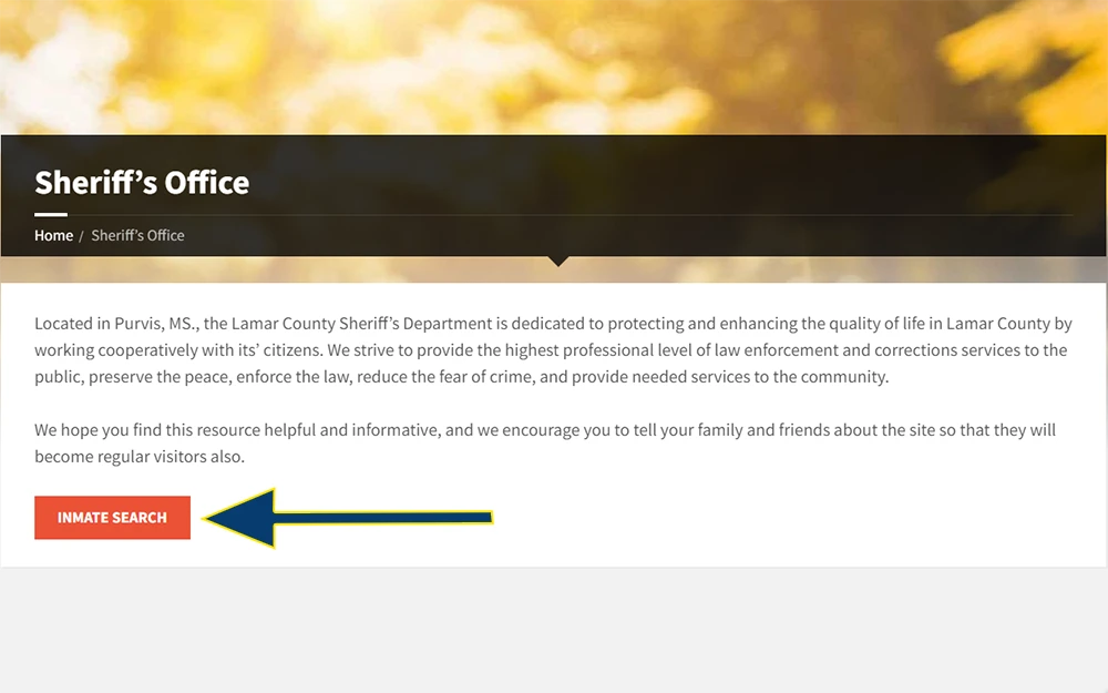 A screenshot from the Lamar County Sheriff's Office showing the page with inmate search button.