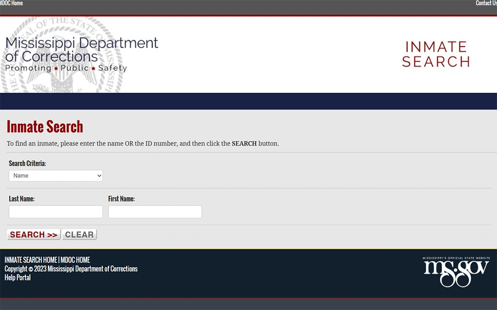 Screenshot of the Mississippi Department of Corrections (DOC) Inmate Search webpage, displaying a search criteria form for individuals to input the first and last name of an inmate they wish to search for.