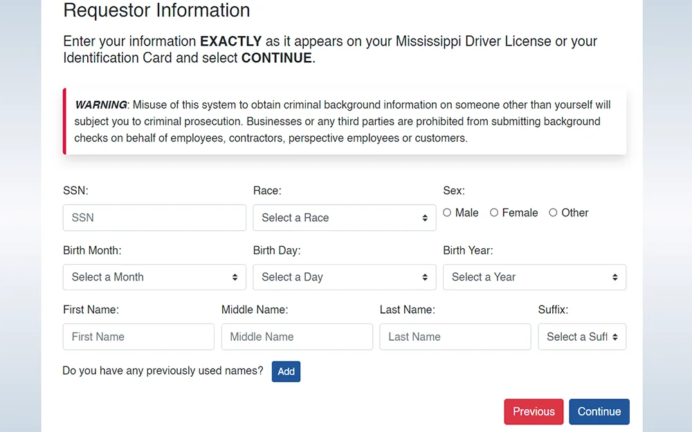 Screenshot of the Mississippi Department of Public Safety Background Check website, displaying a form for individuals to fill out in order to request a background check, the form includes fields for personal information such as Social Security number, race, sex, birth date, and full name.