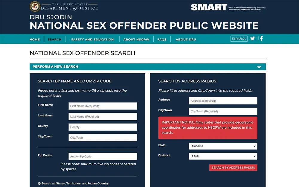 A screenshot from the National sex offender public website showing a search criterion boxes.