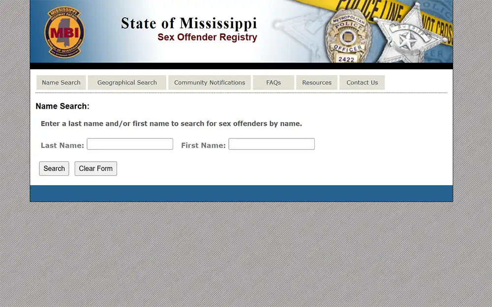 Screenshot of the Mississippi Sex Offender Registry webpage, displaying a search form for individuals to input the last name and first name of a registered sex offender they wish to search for.
