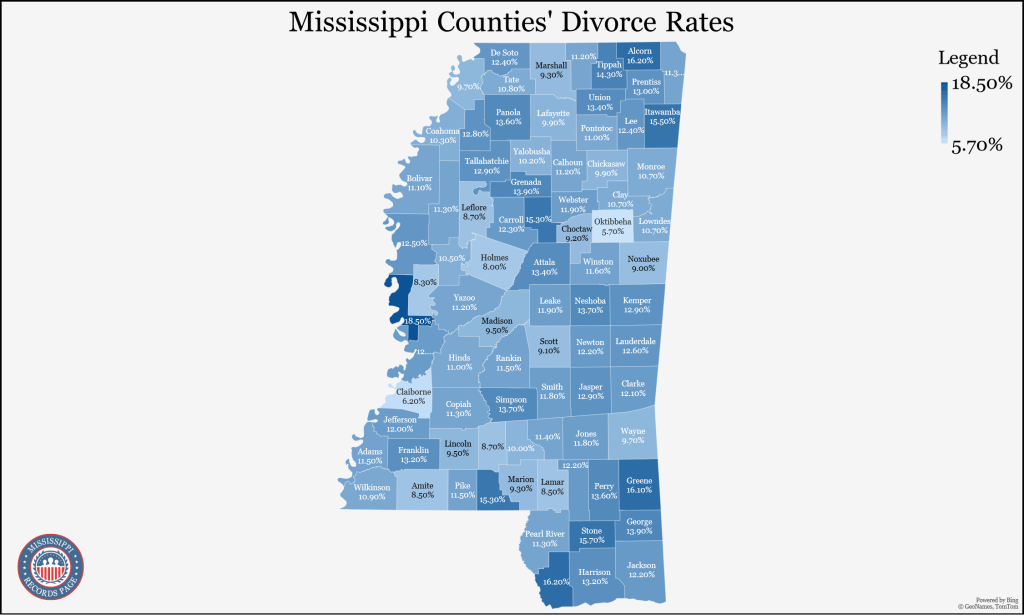 An image of Mississippi Counties' map showing the divorce population rates (5-year estimates in 2021) of each County base on the Census Bureau that ranges from 5.70%-18.50%.