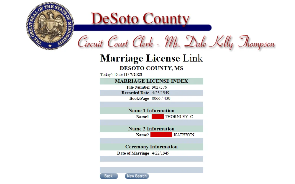 A screenshot of the Marriage License Index from the DeSoto County Circuit Court Clerk page displays the results, which include information such as file number, recorded date, book/page, party information( bride & groom) and date of marriage.