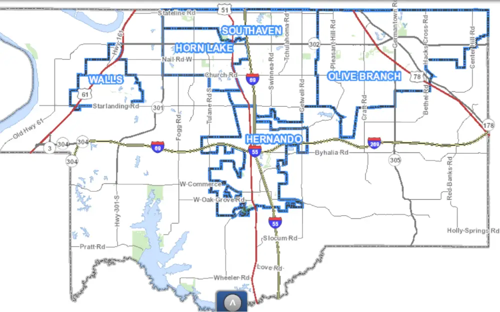 A screenshot of the DeSoto County site map displays the cities of Southaven, Horn Lake, Olive Branch, Walls, and Hernando, all marked by their corresponding interstate numbers. 