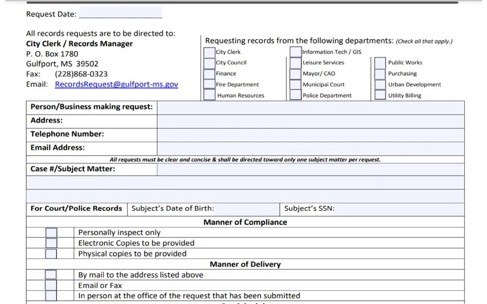 A screenshot of the records request form from Gulfport City which requires details such as request date, person/business making request, address, telephone number, email address, and case number or subject matter; together with a checklist of record type to request, and police compliance checklist and manner of delivery checklist.