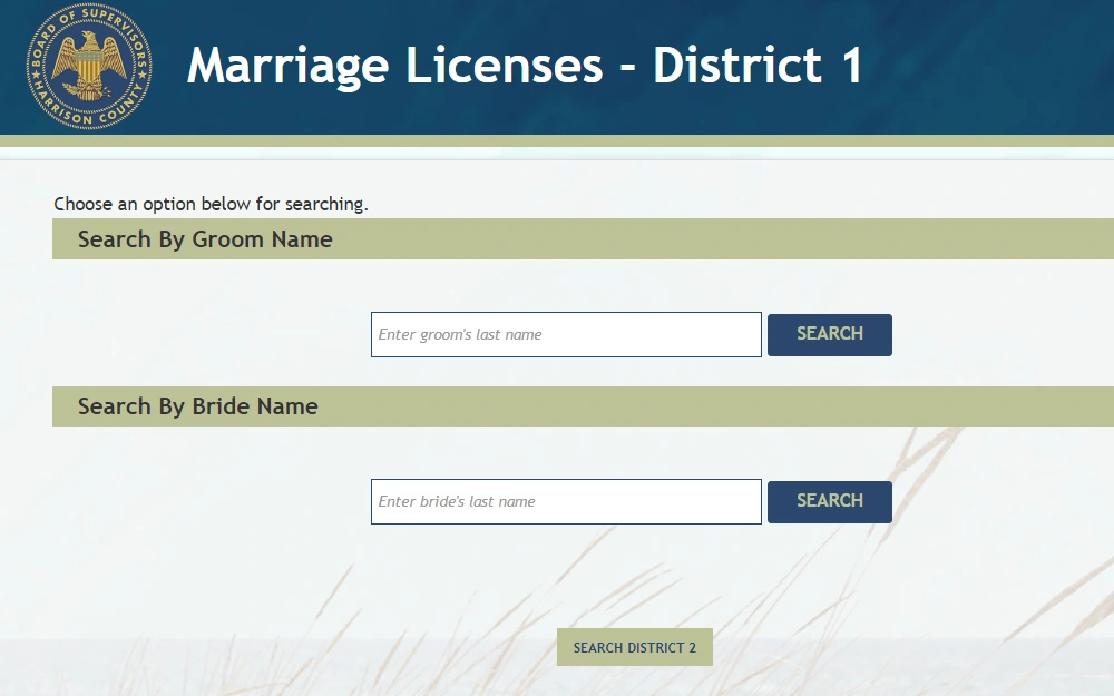 A screenshot of the Marriage License search page for Harrison County District 1 displays two search options: Search by Groom Name or Search by Bride Name.