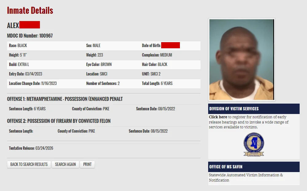 Screenshot of an expanded details of an inmate, displaying his mugshot, personal and prison details, offenses, and tentative release date.
