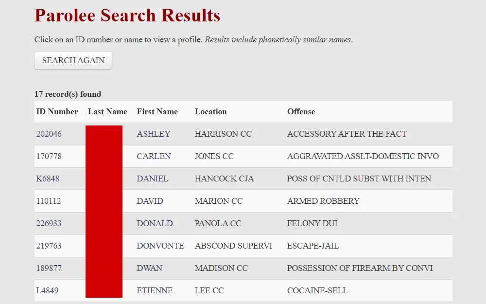 Screenshot of the parole search results listing the parolees' names, location, offenses, and ID numbers.