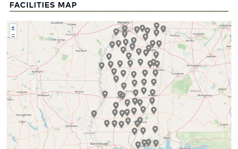 Screenshot of the map of Mississippi, with the locations of regional probation and parole offices pinned.