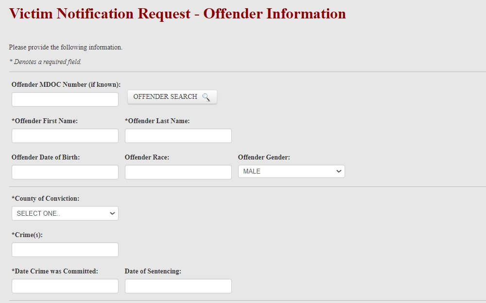 Screenshot of the first section of the victim notification request showing fields about offender information.