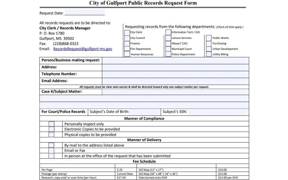 Screenshot of the public records request form from Gulfport City with check boxes regarding the department the record being requested is from, manner of compliance, and manner of delivery, and fields about the requester's information, case information, and subject information, along with the fee schedule.