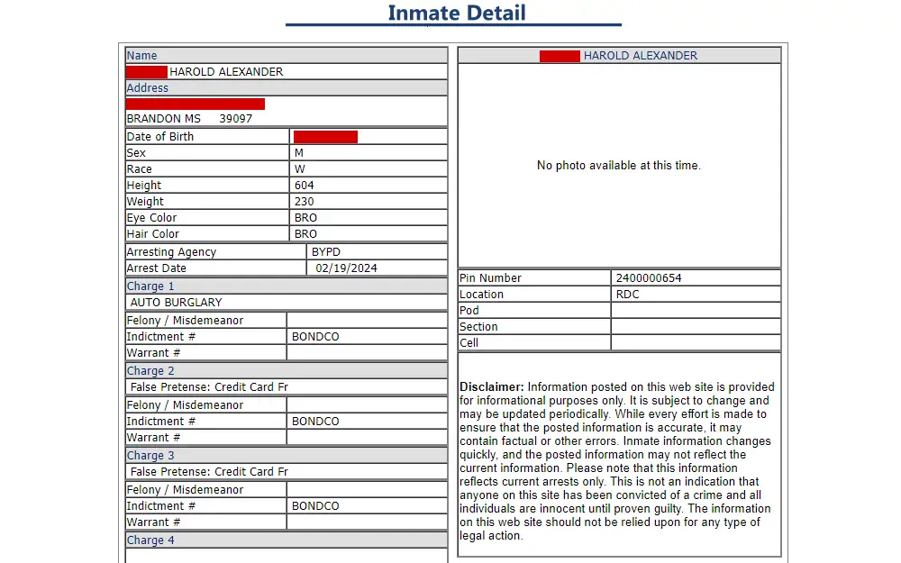 A screenshot of an inmate detail displaying the name, address, birthday, physical descriptors, arresting agency, arrest date, pin number, location, and charges together with a text box containing a disclaimer.