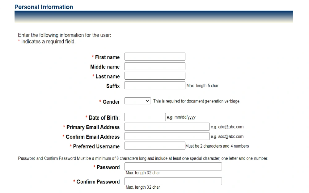 A screenshot showing a personal information form for MEC registration with required fields to be filled in, such as first and last name, gender selection, date of birth, primary email address, preferred username and password from the Mississippi Electronic Courts System website.