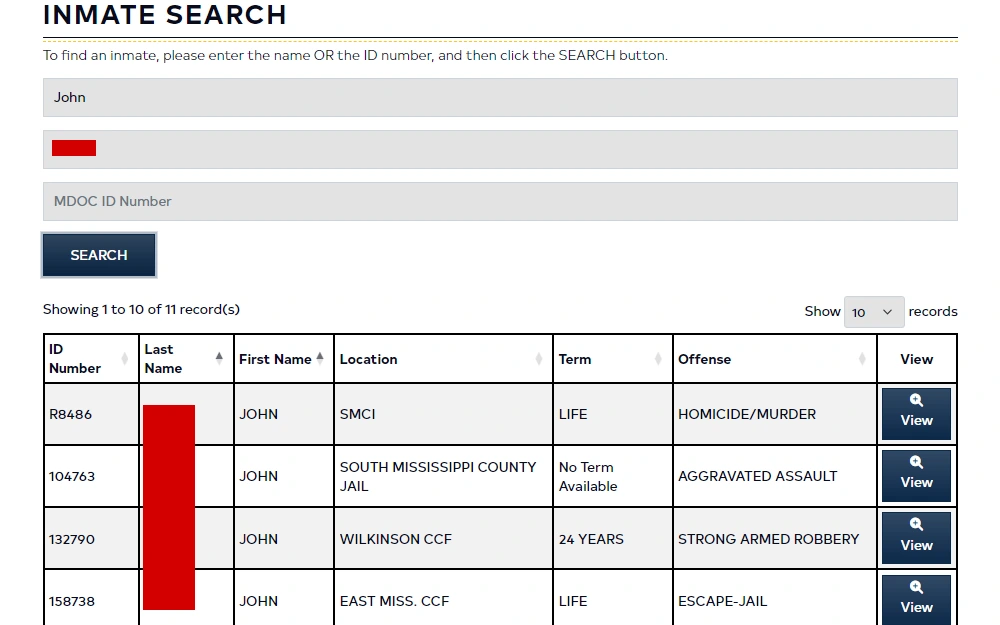 Screenshot of the inmate search results from Mississippi Department Of Corrections listing the inmates' ID numbers, names, locations, terms, and offenses, along with buttons for an option to view a case at the last column.