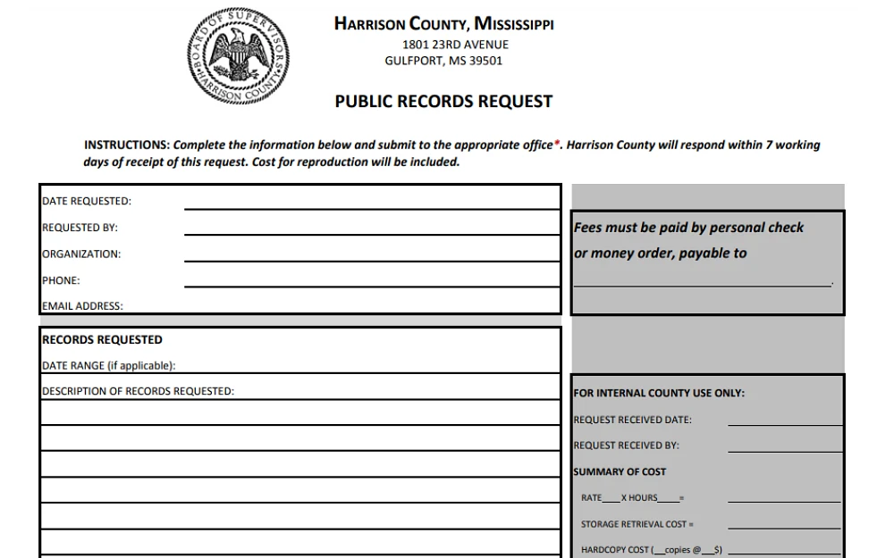 A screenshot of the Harrison County Board of Supervisors public records request form that needs to be completed with this information: date requested, name of the requestor, organization name, phone number, email address, and records requested.