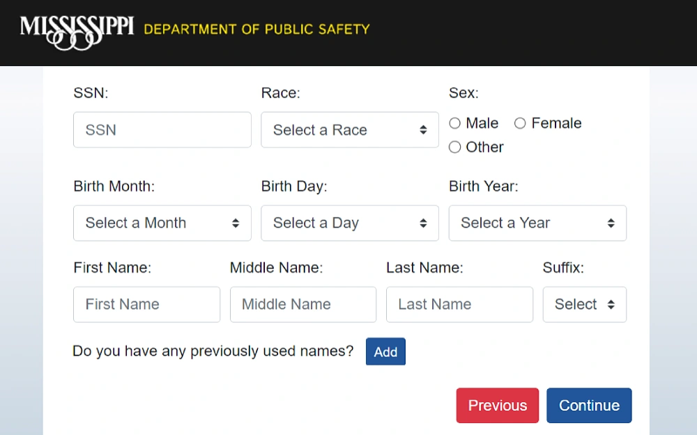 A screenshot of the requestor information with information to be selected or filled in, such as SSN, race, sex, birth month, day and year, first, middle and last name, and suffix, displaying a previous and continue option at the bottom provided by the Mississippi Department of Public Safety.
