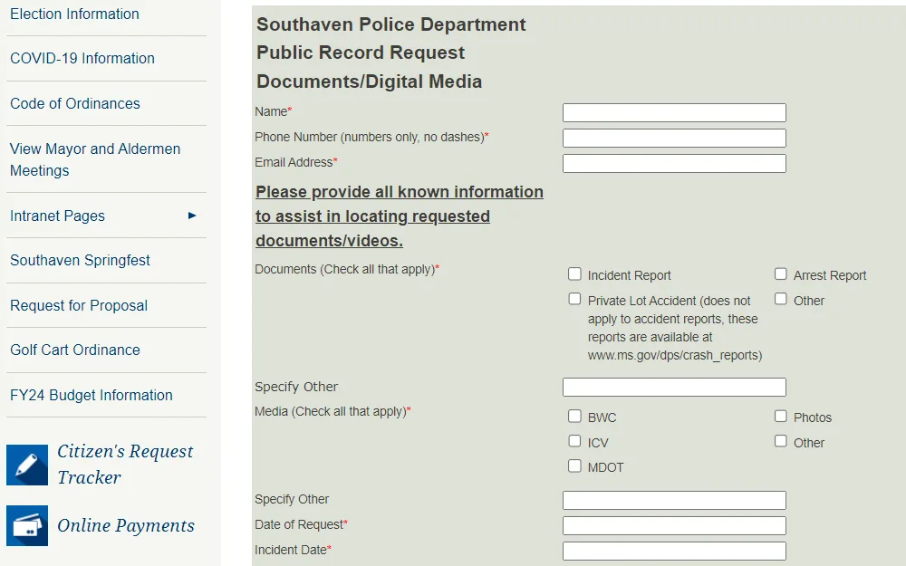 Screenshot of the online form for public records request from the Southaven Police Department requiring the requester's name, contact information, and information about the record being requested such as type of document, date of request, and incident date.
