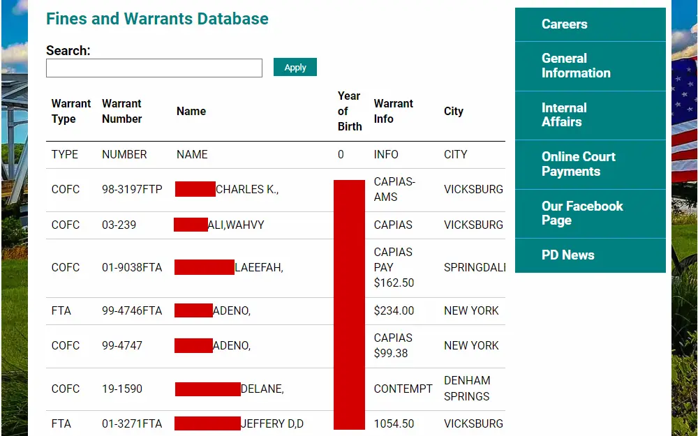 Screenshot of the active fines and warrants database from Vicksburg, Mississippi showing the warrant type, warrant number, name, birth year, warrant information, and city.