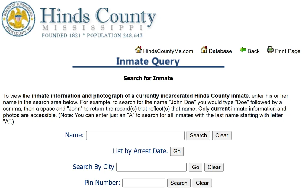 A screenshot from the Hinds County Board of Supervisors displays an inmate search tool where users can search for current inmates by name, arrest date, or city, with additional options to clear the search or list by arrest date.