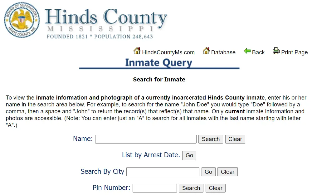 Screenshot of the inmate query tool provided by Hinds County Board of Supervisors displaying the instructions for searching inmates followed by the fields for name, city, and pin number, and a separate option for viewing the list by arrest date.