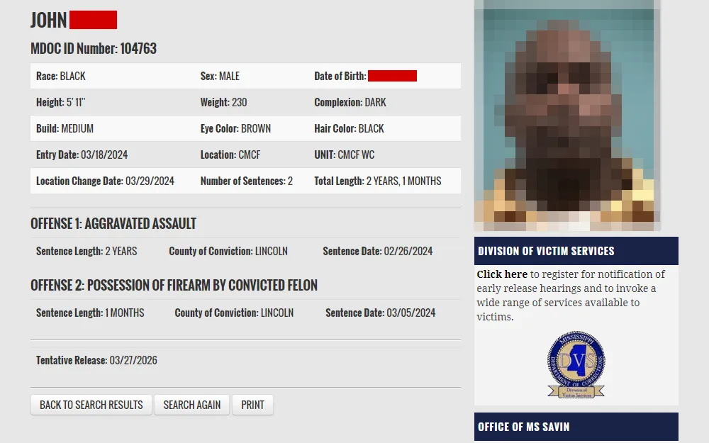 Screenshot of an inmate detail taken from the database maintained by Mississippi Department of Corrections displaying the offender's mugshot at the upper right corner and the following information: inmate name, ID number, race, sex, date of birth, height, weight, complexion, build, eye color, hair color, entry date, location, unit, location change date, number of sentences, and total length of incarceration; followed by the offenses including sentence length, county of conviction, and sentence date; and the tentative release date.