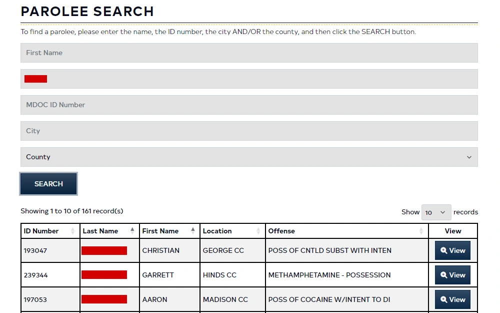 Screenshot of the parole search tool and results from Mississippi Department of Corrections, with search fields for first name, last name, MDOC ID number, city, and county; and listing the following information in columns, from left to right: ID number, last name, first name, location, offense, clickable view button.