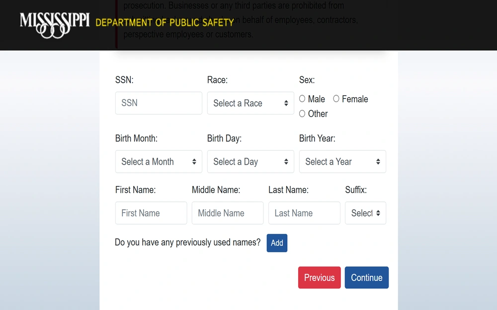 A screenshot features an online form from the Department of Public Safety for submitting personal information, including social security number, race, birth details, and name fields, with options to specify sex and add previously used names.