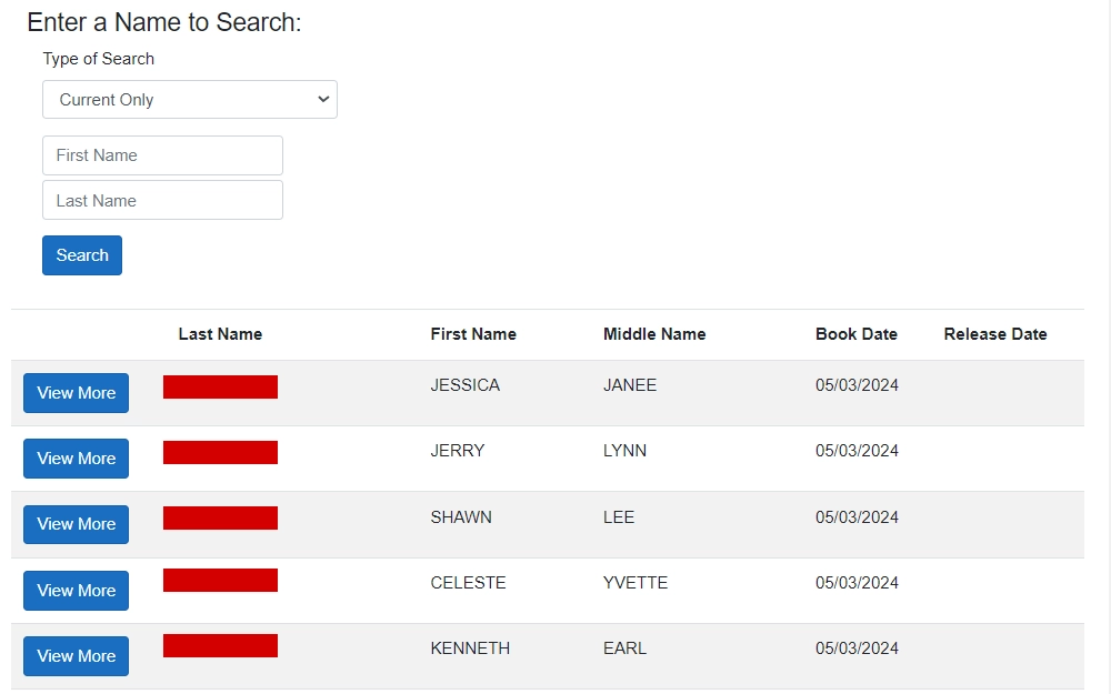 A screenshot from the jail docket maintained by Desoto County shows the drop-down menu for the type of search, input fields for first and last names, and the inmates' names, book dates, and release dates in the results.