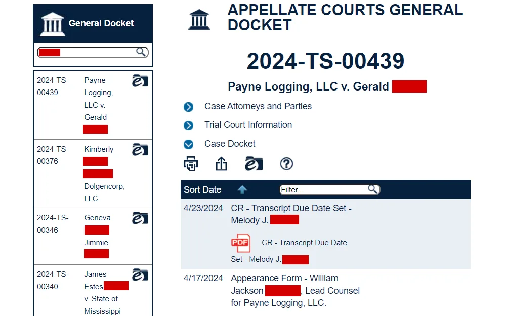 A screenshot from the appellate court docket maintained by the Mississippi Judiciary displays the search results and case information, including the case number, case title, names of parties, and docket events.